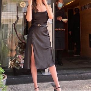 Zara - Slit button silk dress in black